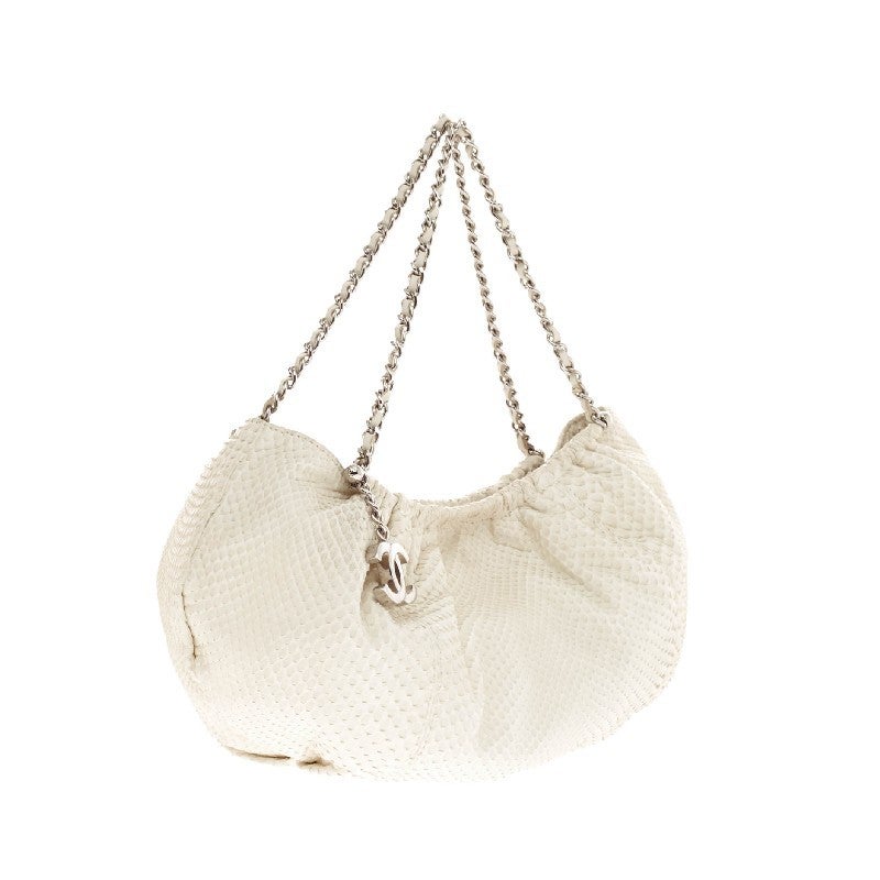 Beige Chanel Pleated Chain Hobo Python Small