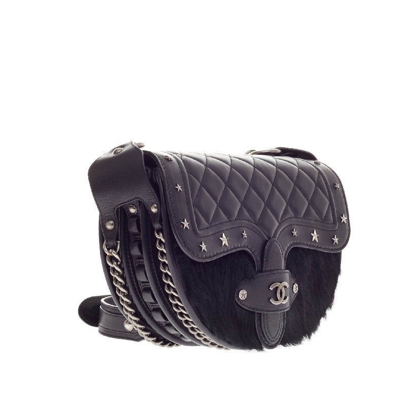 Chanel Dallas Studded Saddle Bag Quilted Calfskin and Pony Hair In Good Condition In NY, NY