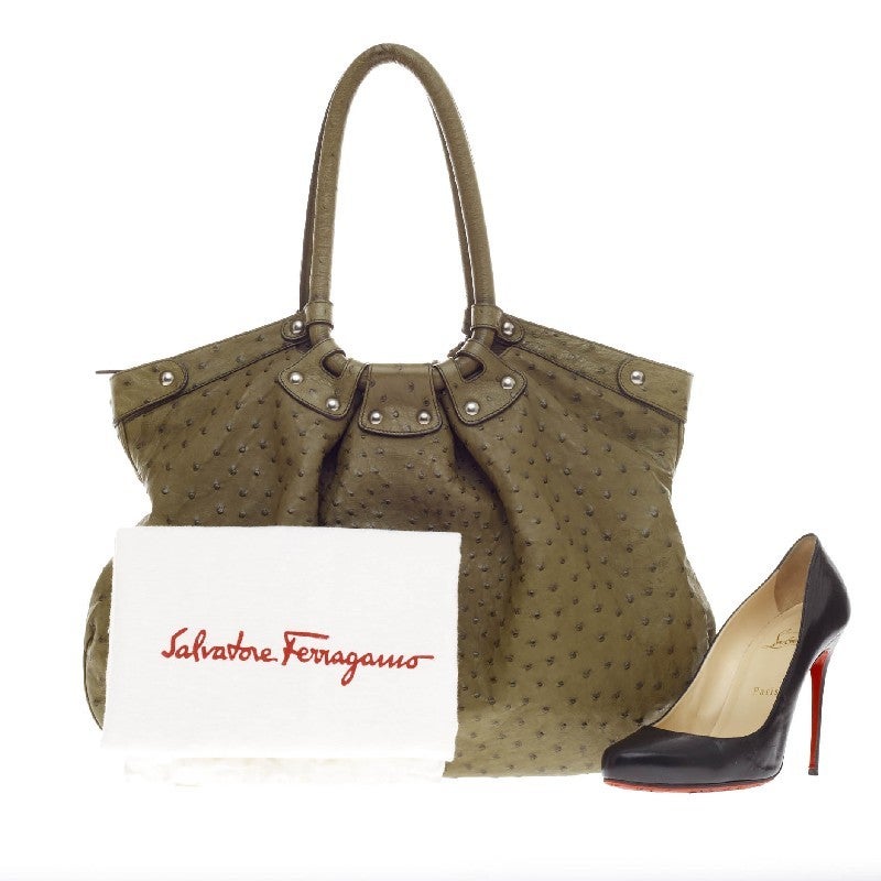 Authentic Salvatore Ferragamo Chain Tote Bag - Brown Leather - Large