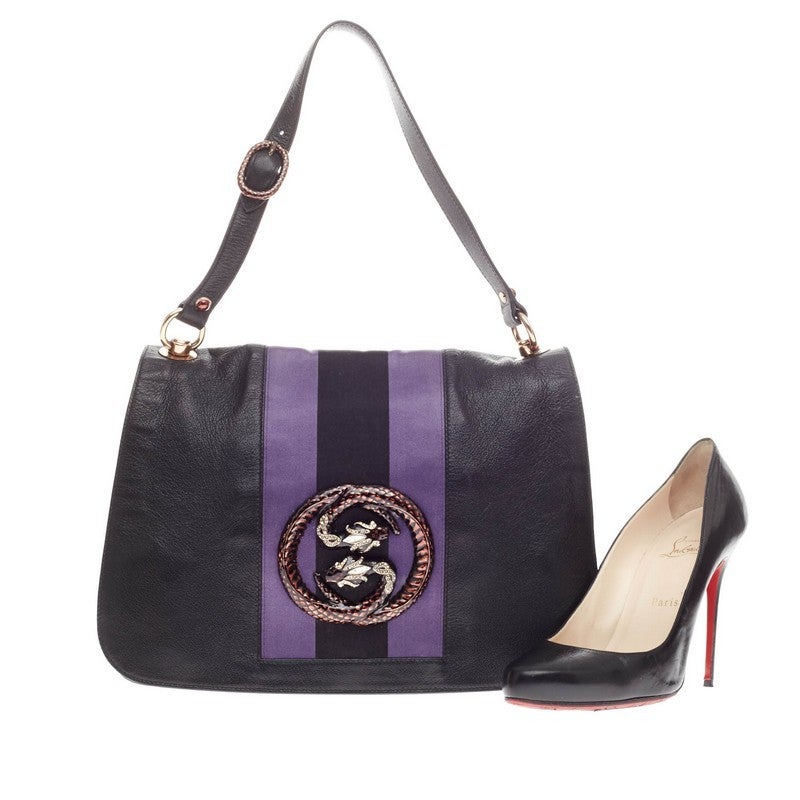 Gucci Web Flap Shoulder Bag Leather with Snake Logo