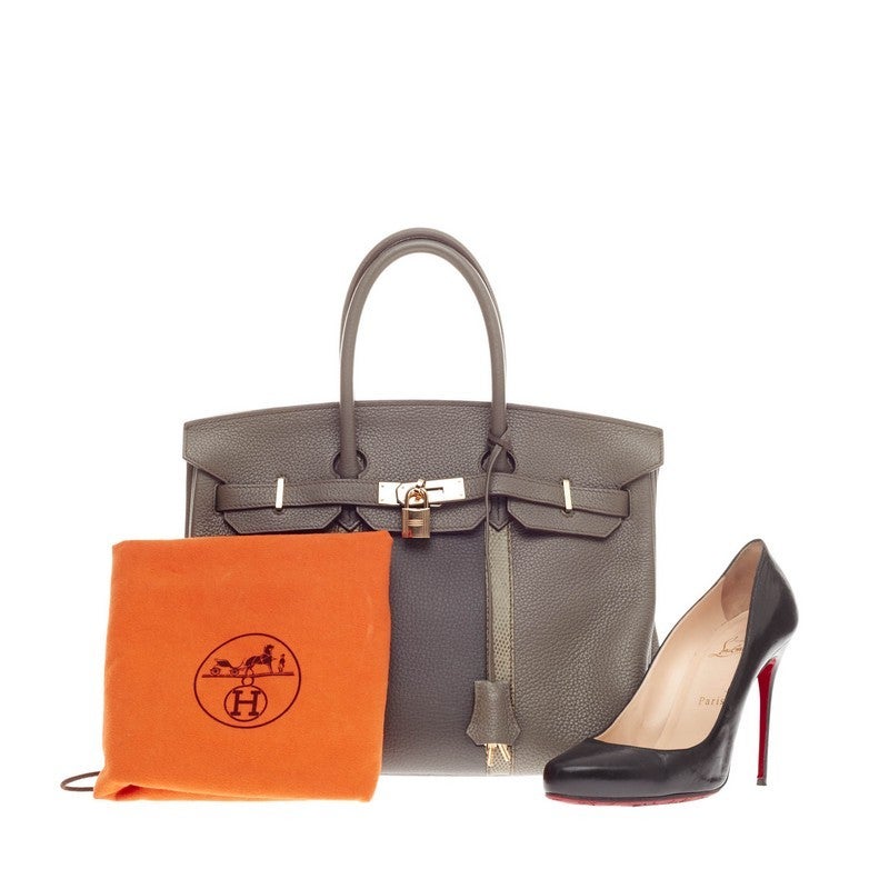 This authentic limited edition Hermes Club Birkin Etain, Graphite Clemence and Gris Fonce Lizard 35 showcases subtle elegance with a playful twist. Finely crafted in luxurious etain with graphite clemence leather paneling, this one-of-a-kind piece