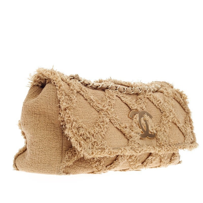 Women's Chanel Fringe Trim Flap Bag Quilted Tweed Jumbo