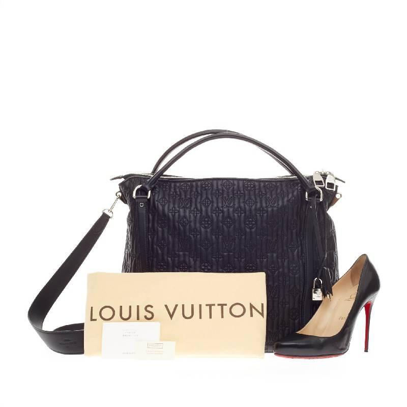 This authentic Louis Vuitton Antheia Ixia Leather MM is luxuriously crafted from black soft lambskin showcased in Louis Vuitton's 2012 Collection. Crafted in embroidered vertical pleats with ornate Louis Vuitton monogram design, this sleek and