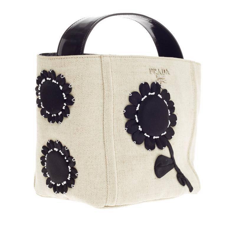 Prada Gardener Tote Canvas with Flower Applique In Good Condition In NY, NY