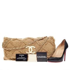 Chanel Fringe Trim Flap Bag Quilted Tweed Jumbo