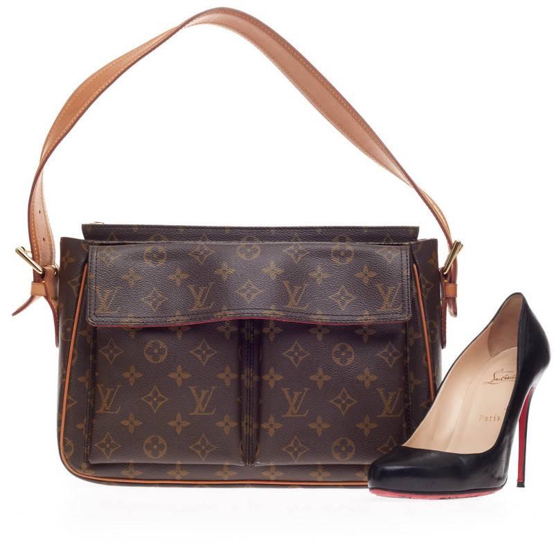This authentic Louis Vuitton Viva Cite Monogram Canvas GM features the classic Louis Vuitton monogram print in a simple design made for everyday. This casual shoulder bag features a single wide looped vachetta leather strap, two exterior flap