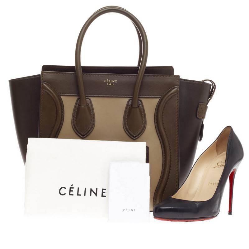 This authentic Celine Luggage Tricolor Leather Micro showcases an elegant day-to-day style essential for any fashionista. Constructed with neutral tricolor shades of dark brown, tan and olive green in smooth leather, this popular mid-size tote
