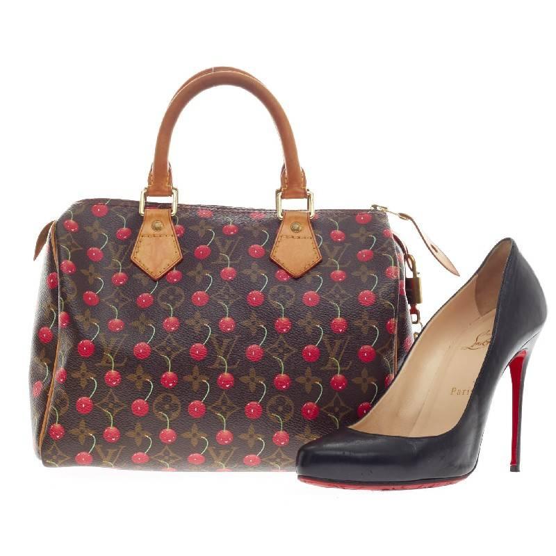 This authentic Louis Vuitton Speedy Limited Edition Cerises 25 designed by famed Japanese artist Takashi Murakami is a fun twist on the classic speedy. Crafted in monogram canvas with vachetta leather trimmings and handles, the timeless print is