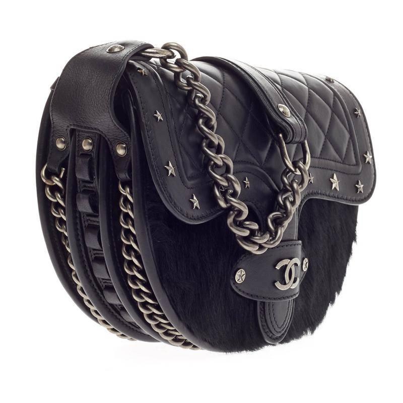 Chanel Dallas Studded Saddle Bag Quilted Calfskin and Pony Hair  In Good Condition In NY, NY