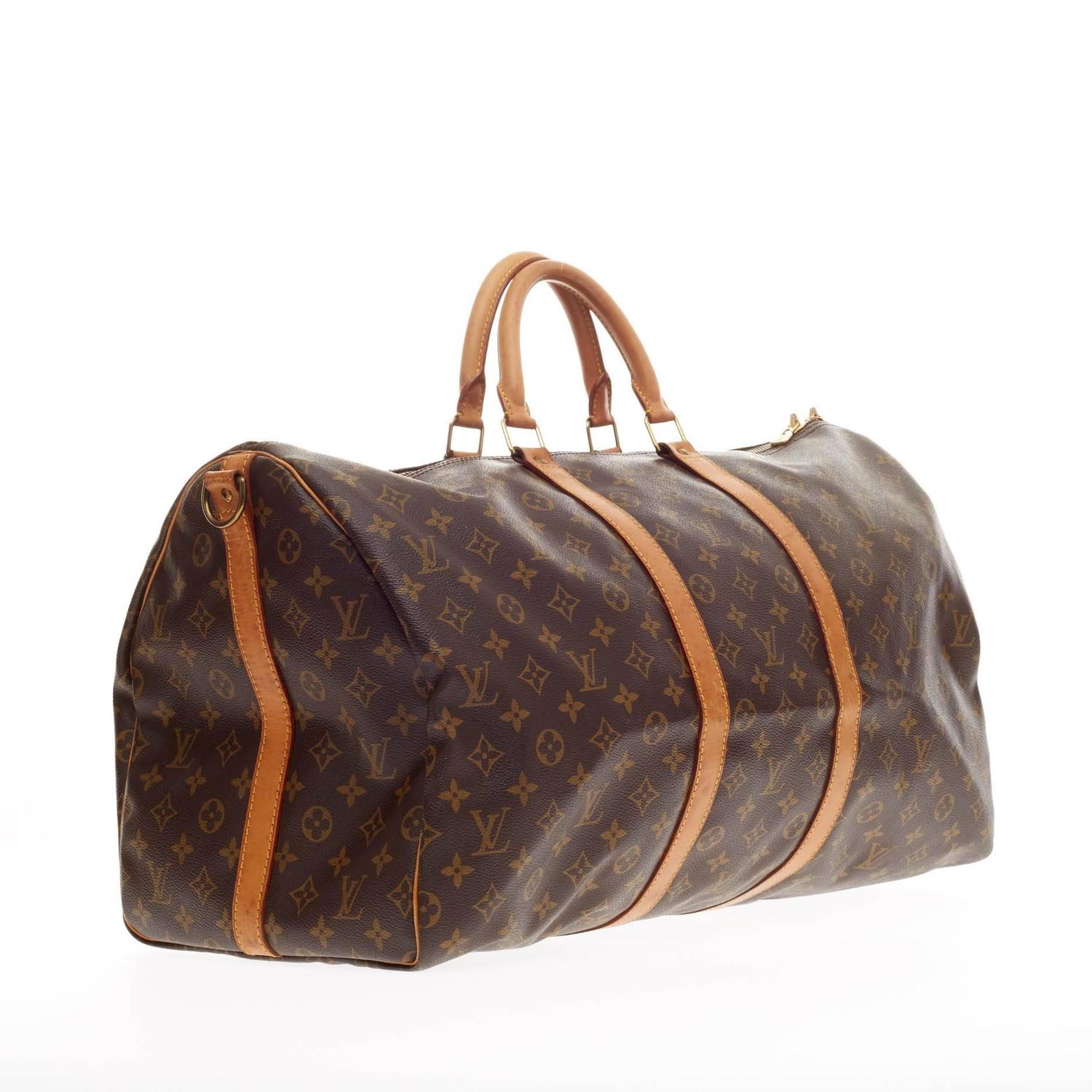 LOUIS VUITTON Brown Monogram Coated Canvas and Vachetta Leather Vintage  Keepall 55 For Sale at 1stDibs