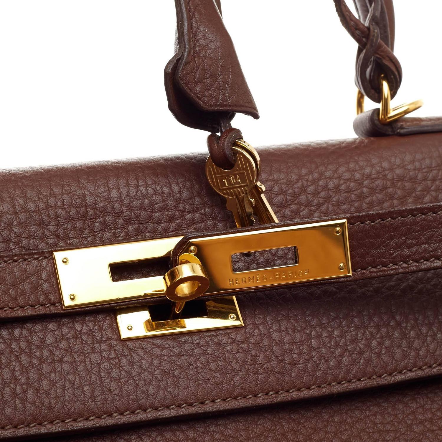 Hermes Kelly Chocolate Clemence with Gold Hardware 35 at 1stdibs  