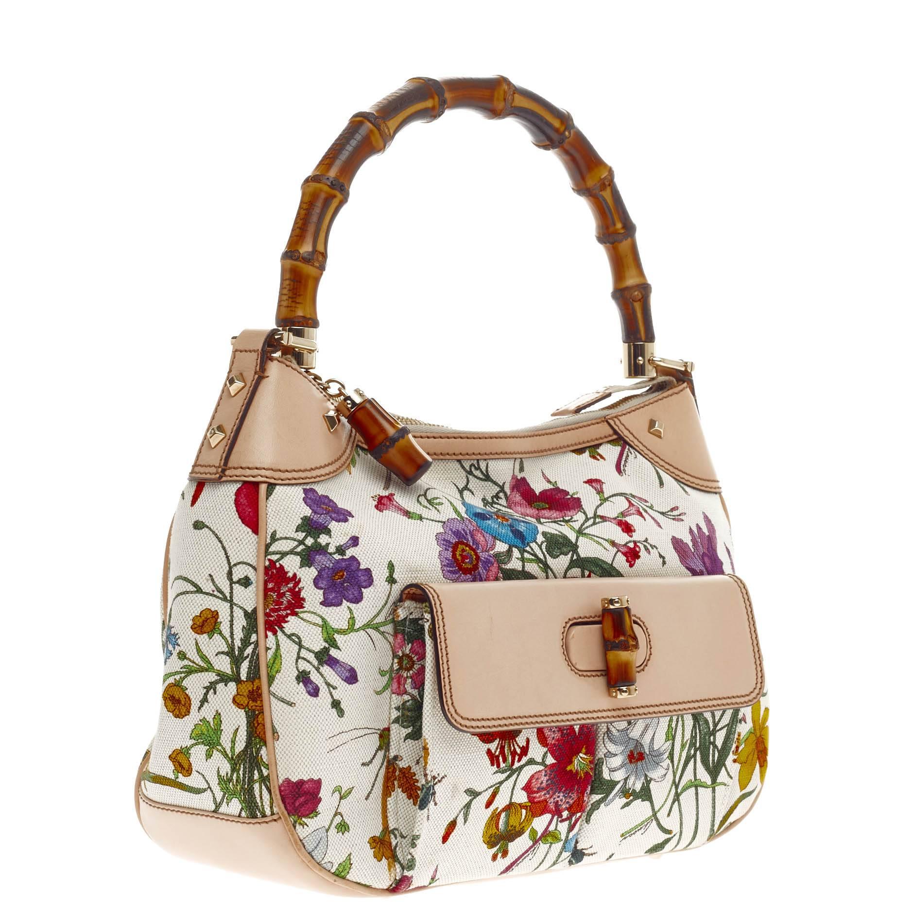 Gucci Bamboo Front Pocket Shoulder Bag Flora Canvas In Good Condition In NY, NY