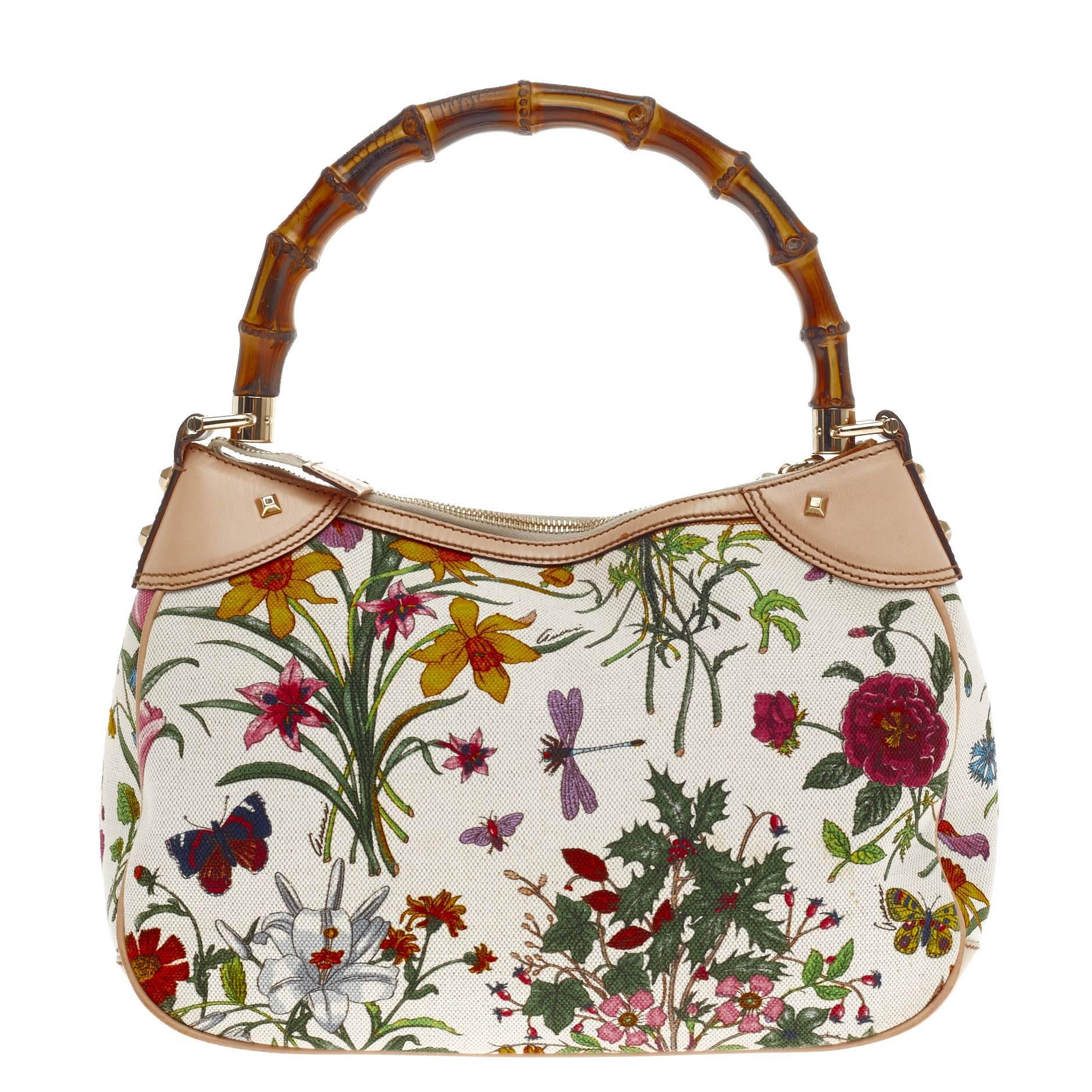 Women's Gucci Bamboo Front Pocket Shoulder Bag Flora Canvas