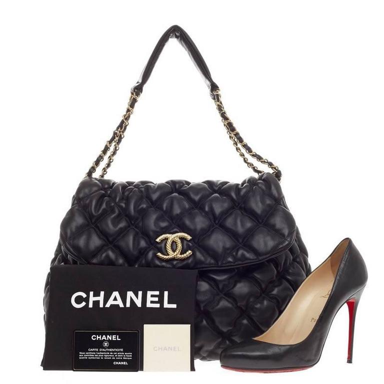 Chanel Black Silver Bubble Quilted Flap handbag purse Lambskin Accordion  Classic