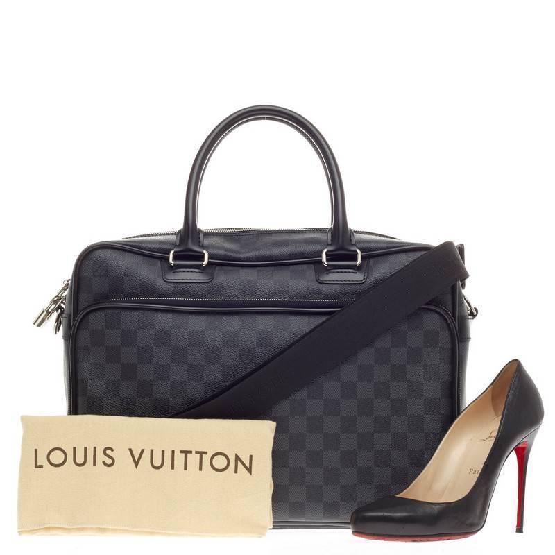 This authentic Louis Vuitton ICare Laptop Bag Damier Graphite combines luxurious style and functionality ideal for work. This stylish laptop bag features a structured, boxy silhouette in iconic damier graphite, dual-rolled leather handles,