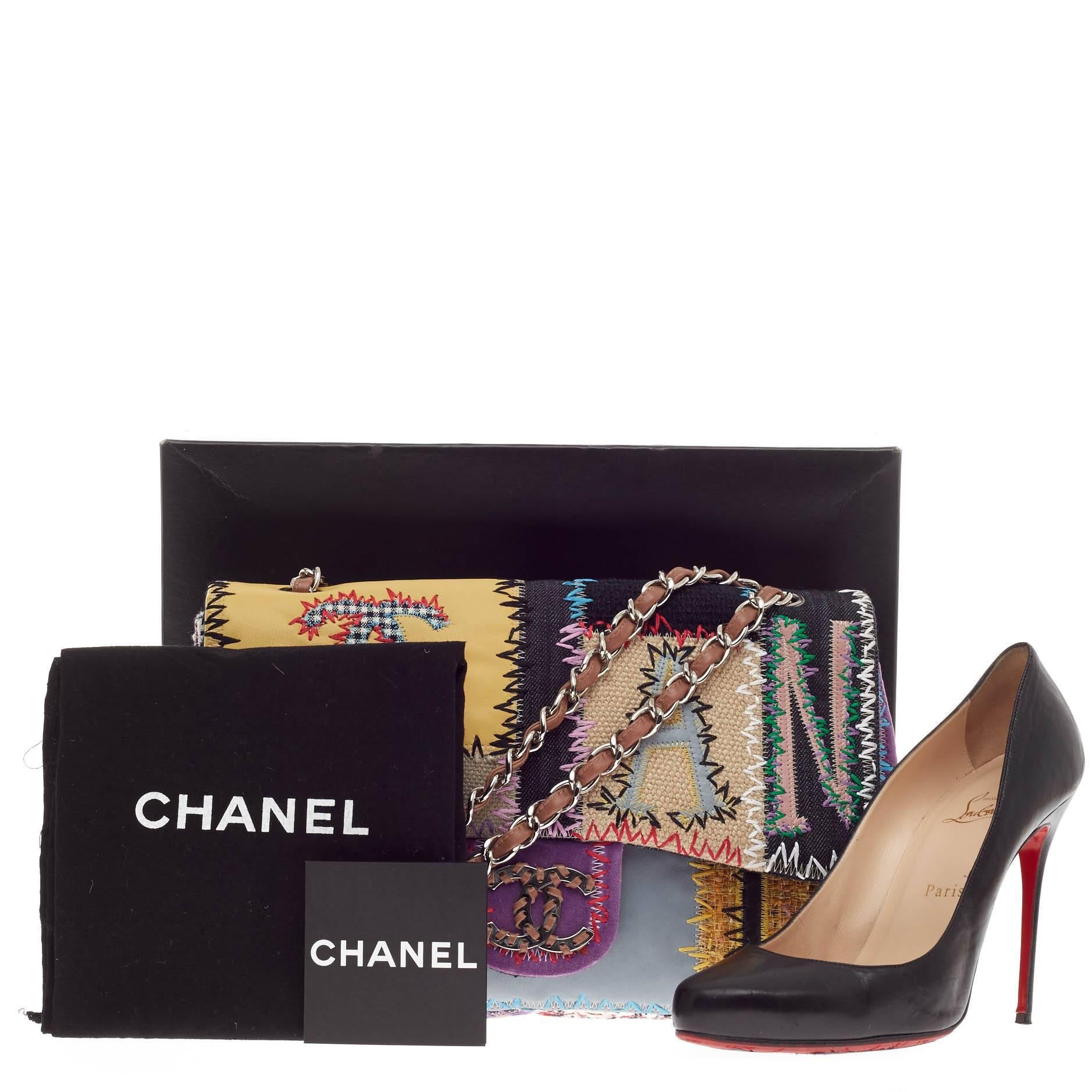 This authentic Chanel Classic Flap Multicolor Patchwork Jumbo showcased in Chanel's Spring 2012 collection is one of the most-sought after bags beloved by fashionistas. Made with tweed, canvas and leather in a stand-out multicolor patchwork design,