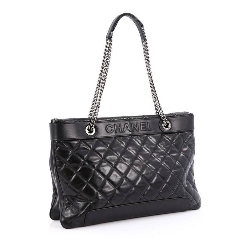 Black Chanel Aged Chain Logo Shopping Tote Quilted Aged Calfskin Large