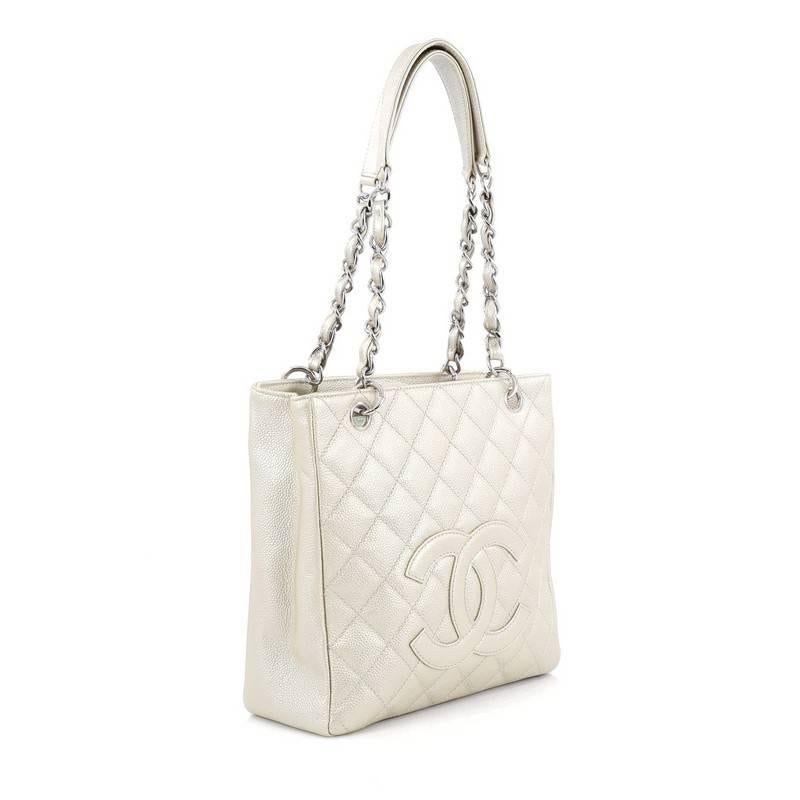 Beige Chanel Petite Shopping Tote Quilted Caviar