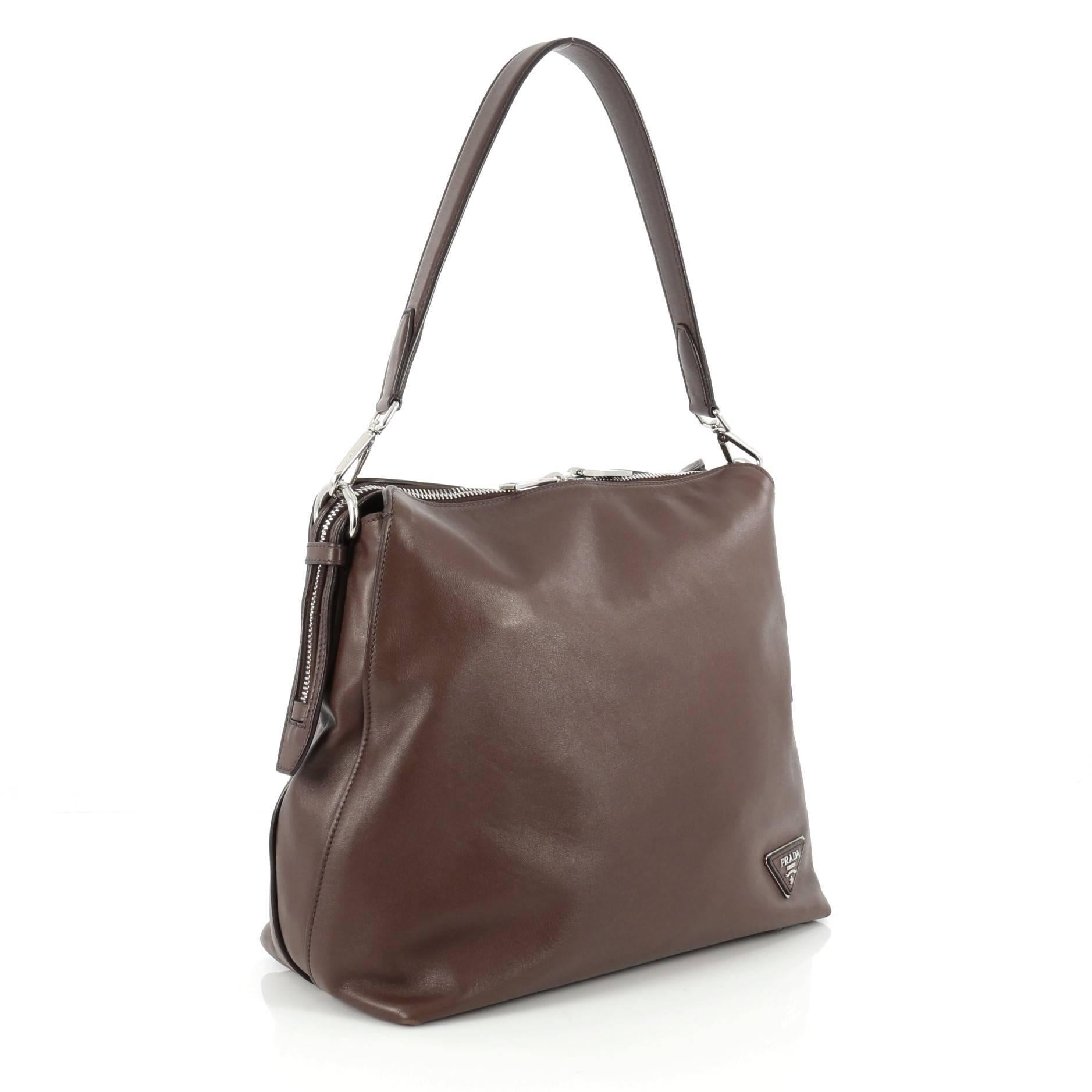 Brown Prada Zip Top Hobo Soft Calfskin Large