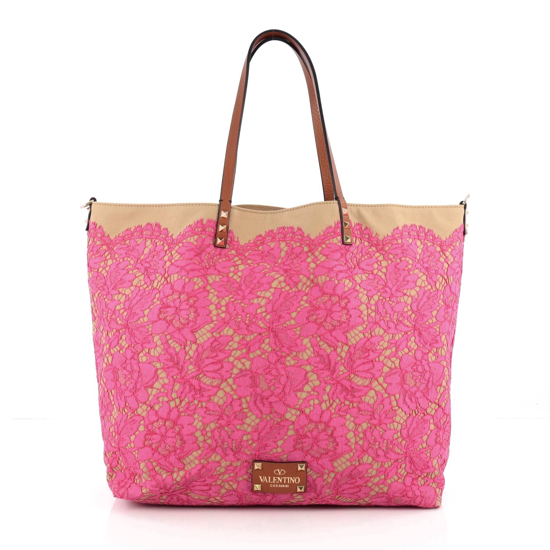 Pink Valentino Glam Rockstud Reversible Tote Lace and Canvas