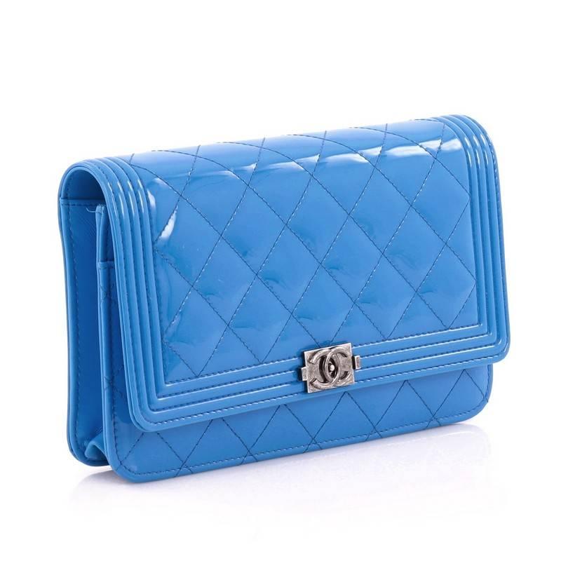 Blue Chanel Boy Wallet on Chain Quilted Patent