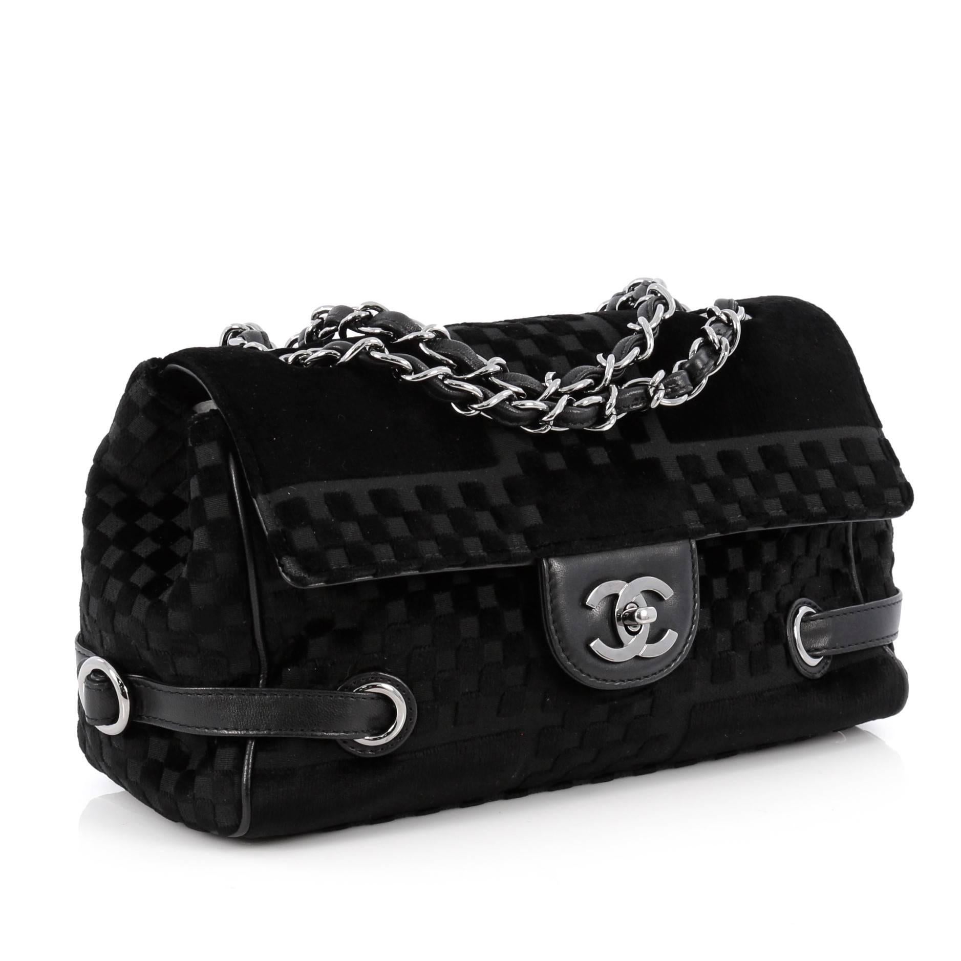 Black Chanel Vintage CC Side Belted Flap Bag Check Embossed Velvet Medium