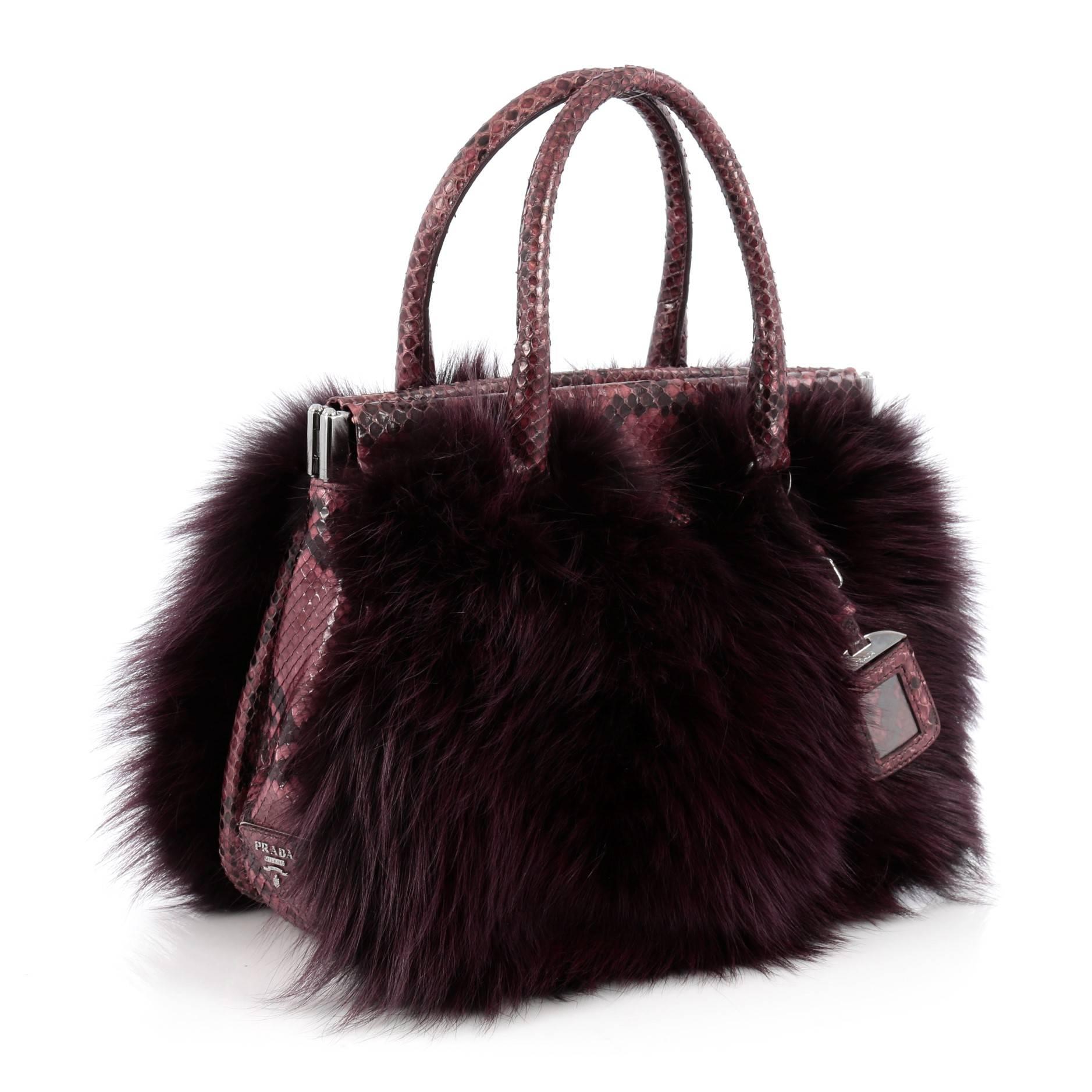 Black Prada Frame Satchel Fox Fur and Python Medium