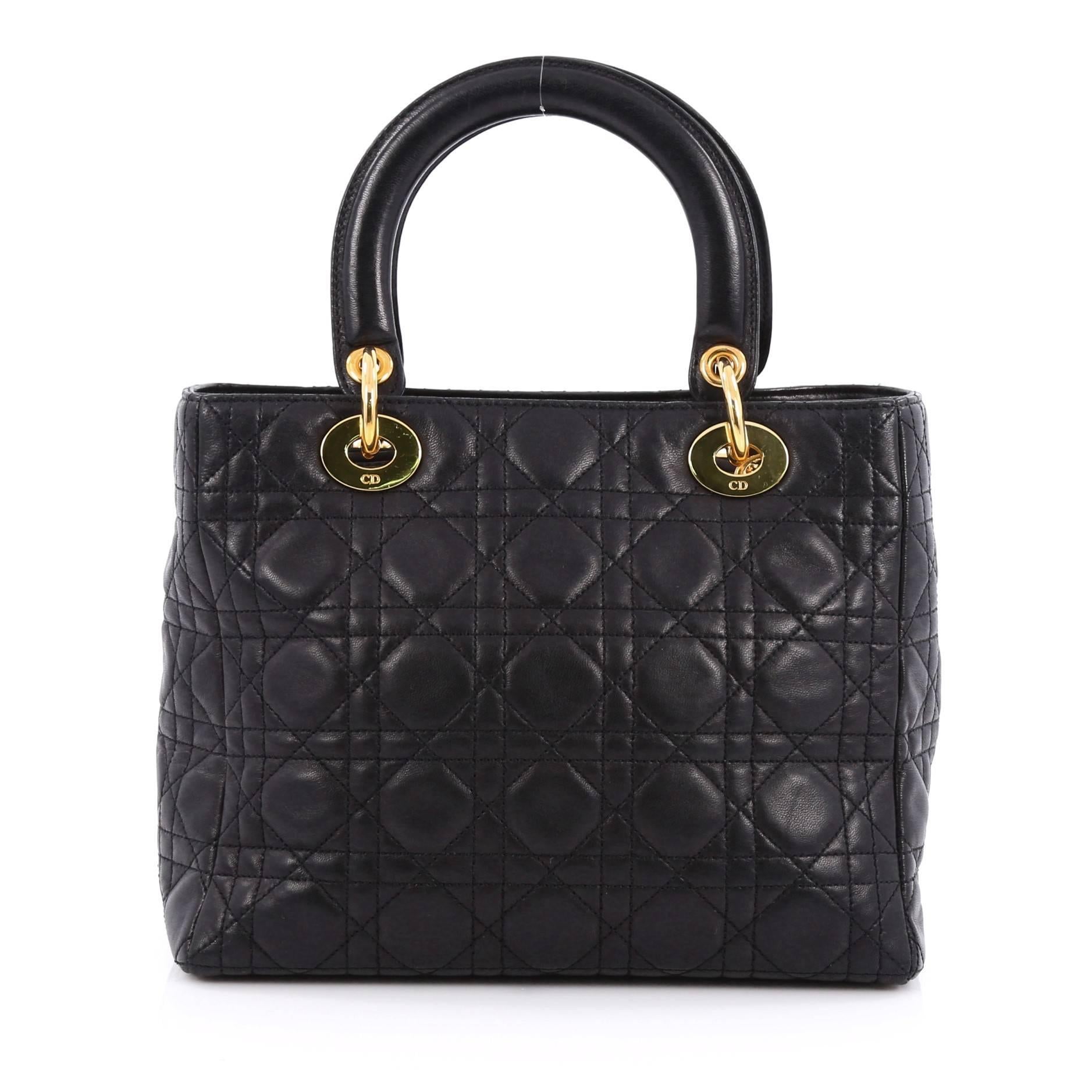 Black Christian Dior Lady Dior Handbag Cannage Quilt Grained Calfskin Medium