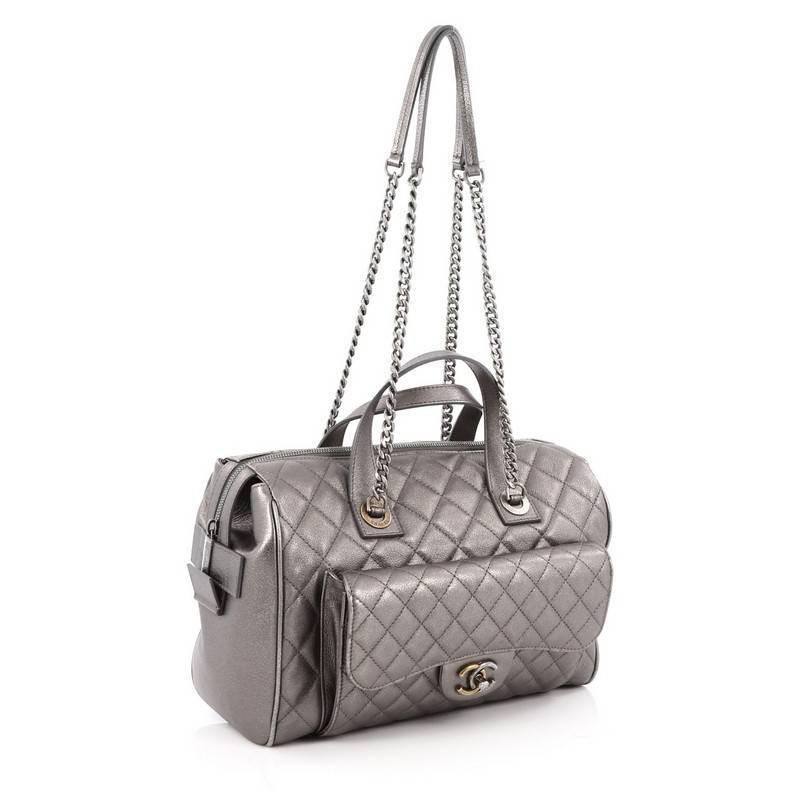Gray Chanel Two-Tone Front Pocket Bowling Bag Quilted Metallic Calfskin Medium