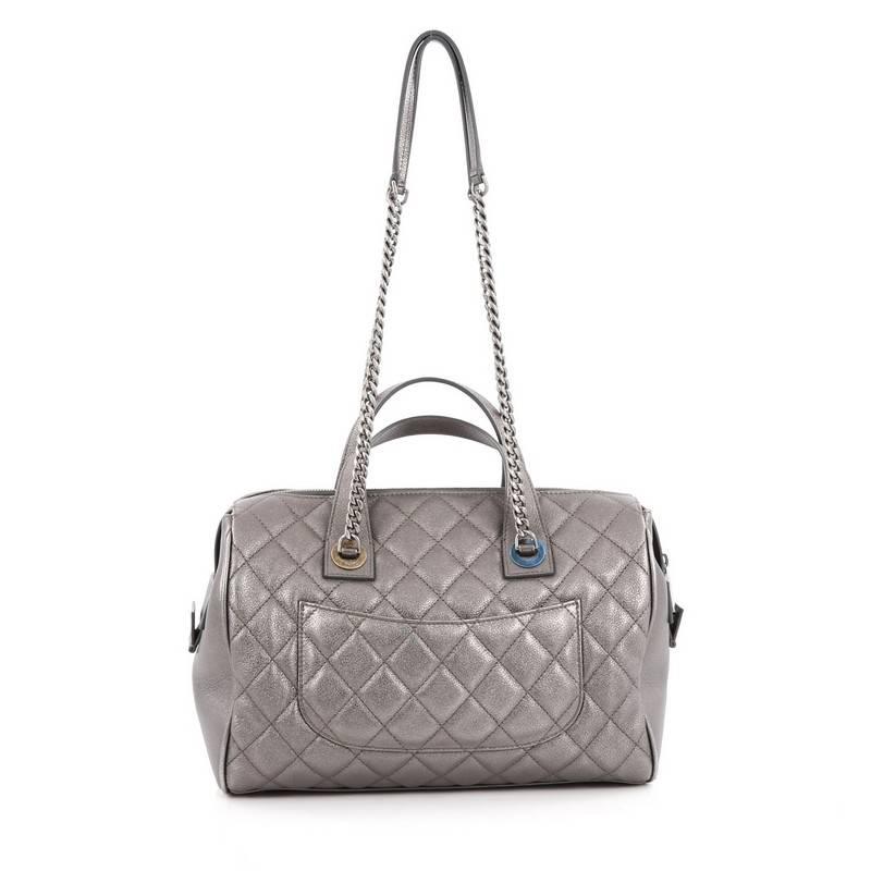 Chanel Two-Tone Front Pocket Bowling Bag Quilted Metallic Calfskin Medium In Good Condition In NY, NY