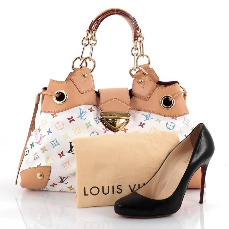 This authentic Louis Vuitton Ursula Handbag Monogram Multicolor mixes fun and functionality with a feminine twist. Designed in vivid white multicolor print and accented with vachetta cowhide leather trims, this stylish tote features chain handles