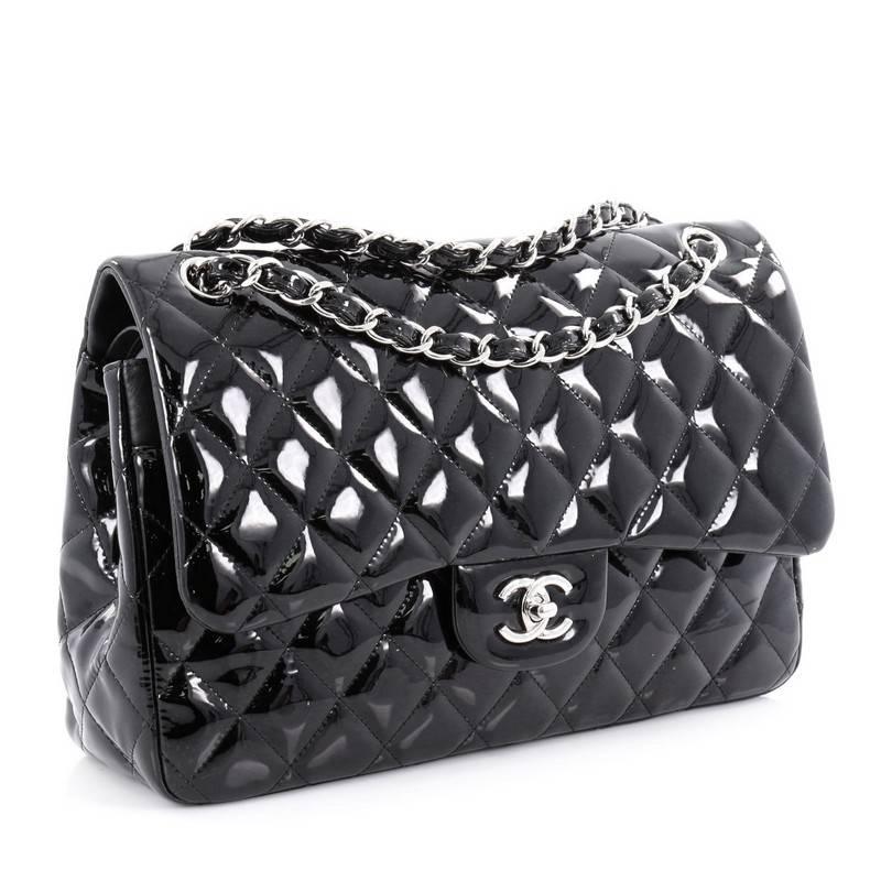 Black Chanel Classic Double Flap Bag Quilted Patent Jumbo