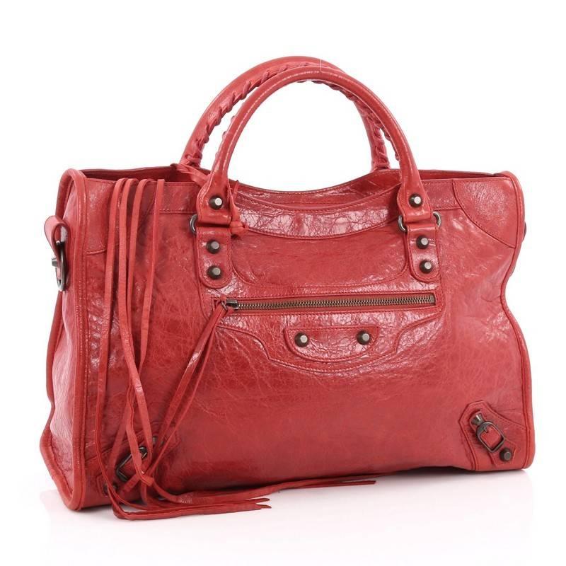 Red  Balenciaga City Classic Studs Handbag Leather Medium