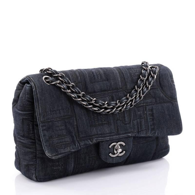 Chanel Classic Flap Bag Embroidered Denim Jumbo In Good Condition In NY, NY