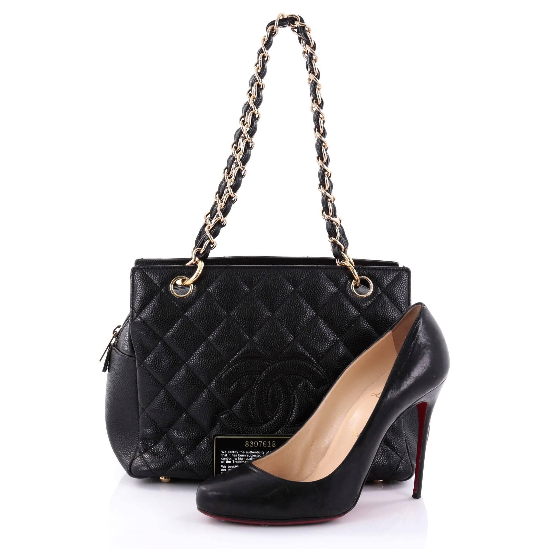 This authentic Chanel Petite Timeless Tote Quilted Caviar is perfect for everyday use with a classic yet luxurious style. Crafted in black diamond quilted caviar leather, this versatile, timeless tote features a stitched CC in the middle, woven-in