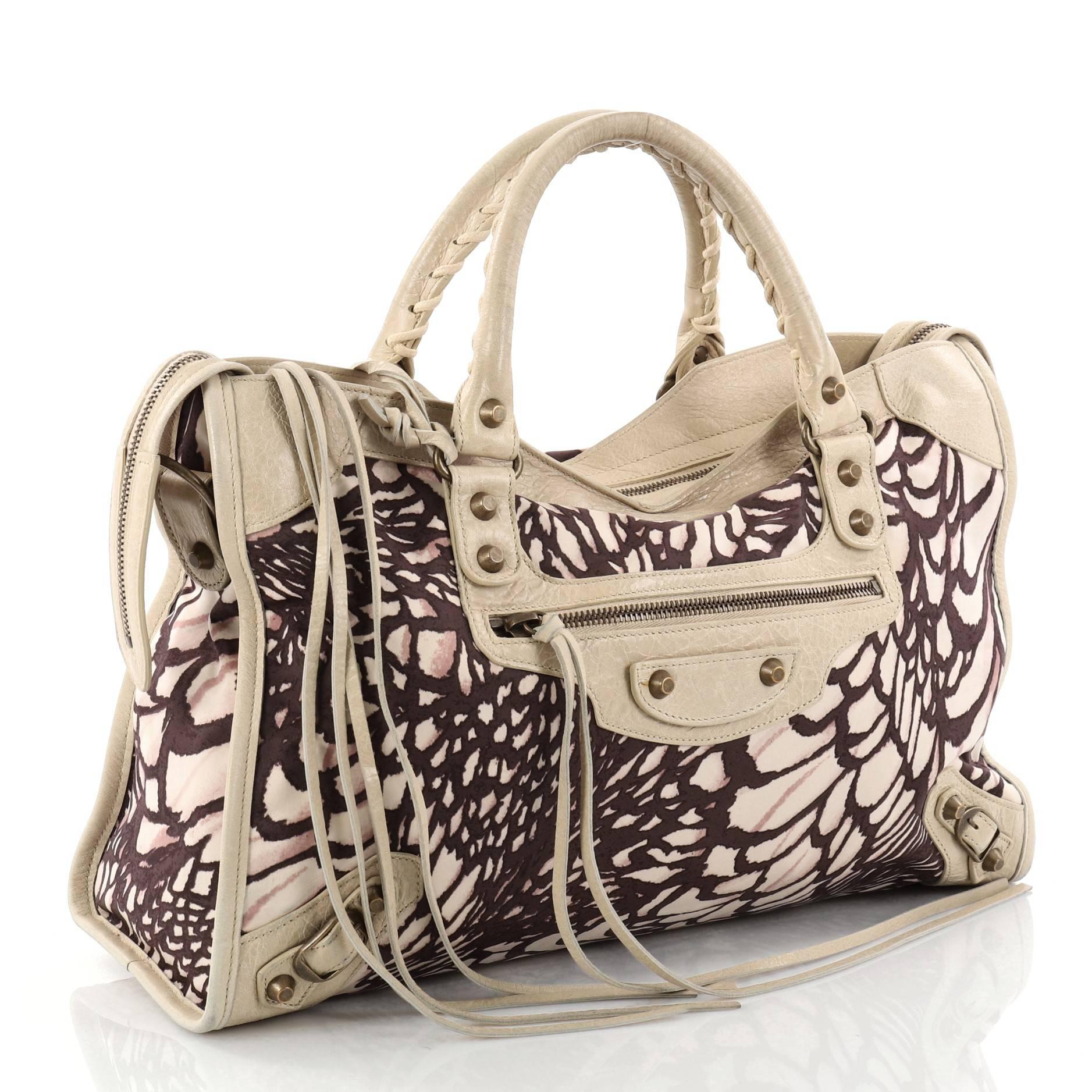 Balenciaga City Classic Studs Handbag Printed Nylon and Leather Medium In Fair Condition In NY, NY