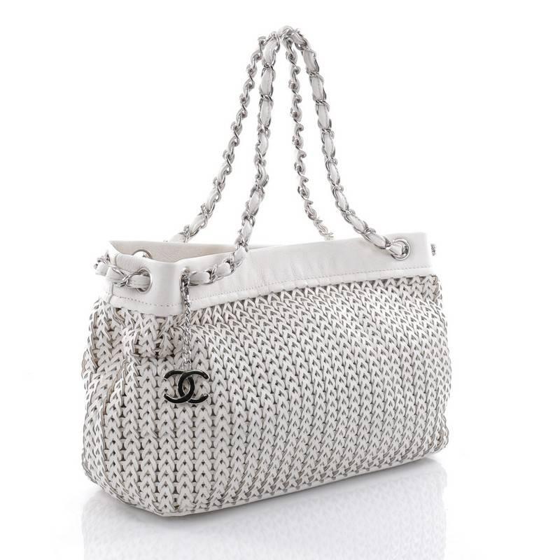 Chanel CC Charm Tote Woven Leather Medium In Good Condition In NY, NY