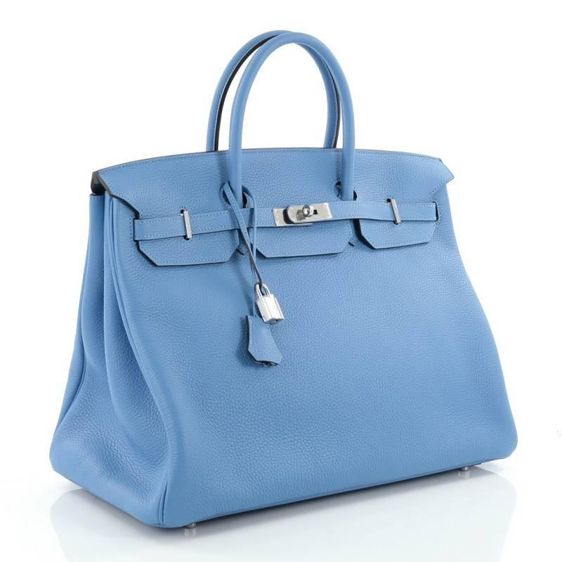 Hermes Birkin Handbag Blue Hydra Clemence with Palladium Hardware 40 In Excellent Condition In NY, NY