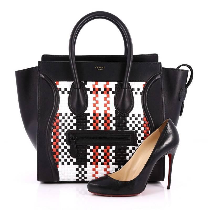 This authentic Celine Luggage Handbag Woven Leather Mini is one of the most sought-after bags beloved by fashionistas. Crafted from black, red and white woven leather, this minimalist tote features dual-rolled handles, an exterior front pocket,