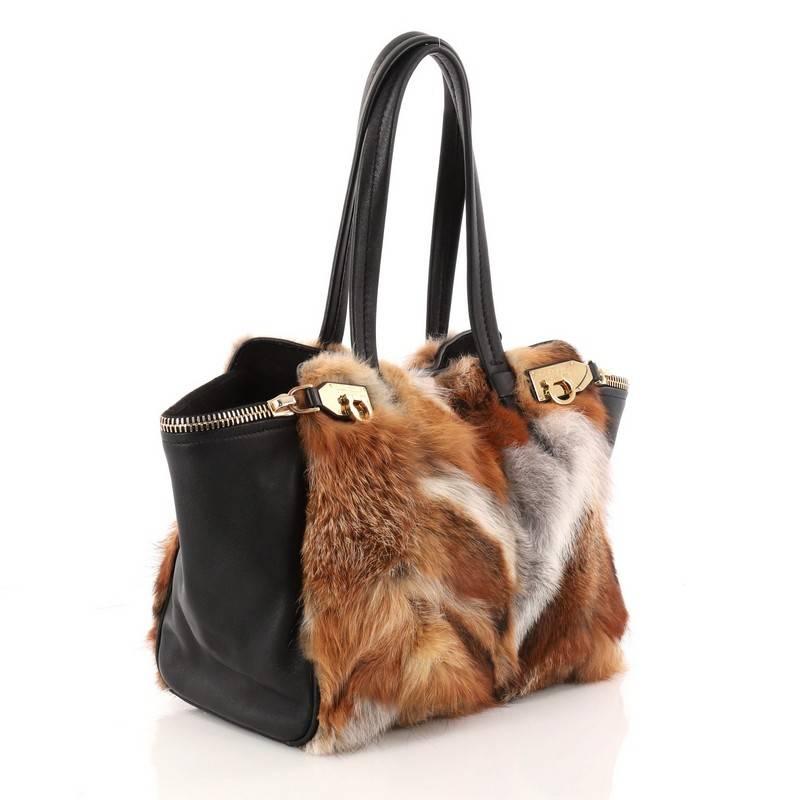 Salvatore Ferragamo Verve Tote Fox Fur and Leather Medium In Good Condition In NY, NY