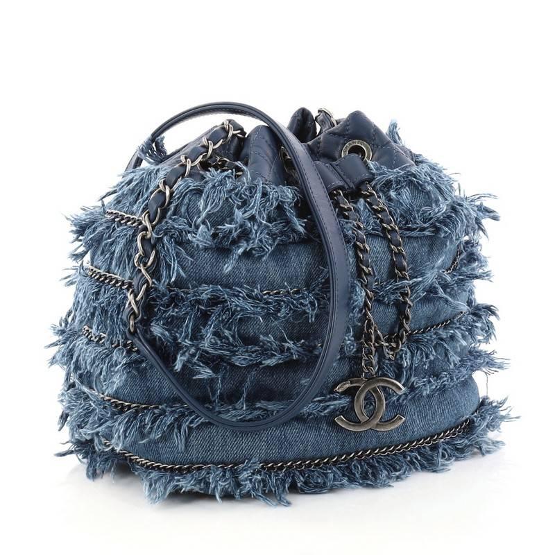 Chanel Drawstring Charm Bucket Bag Fringe Denim  In Excellent Condition In NY, NY