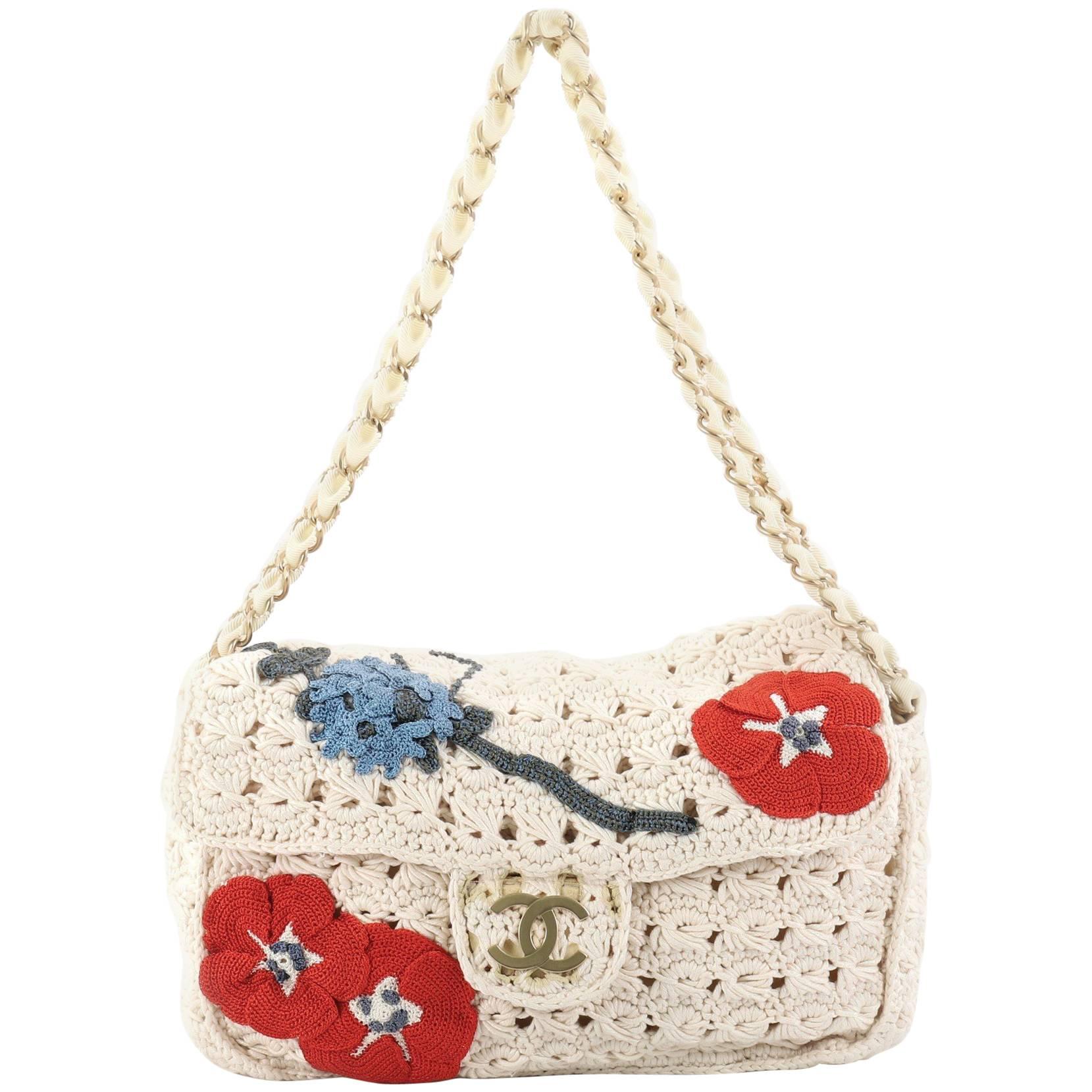 Chanel Camellia Crochet Flap Bag Fabric Small 