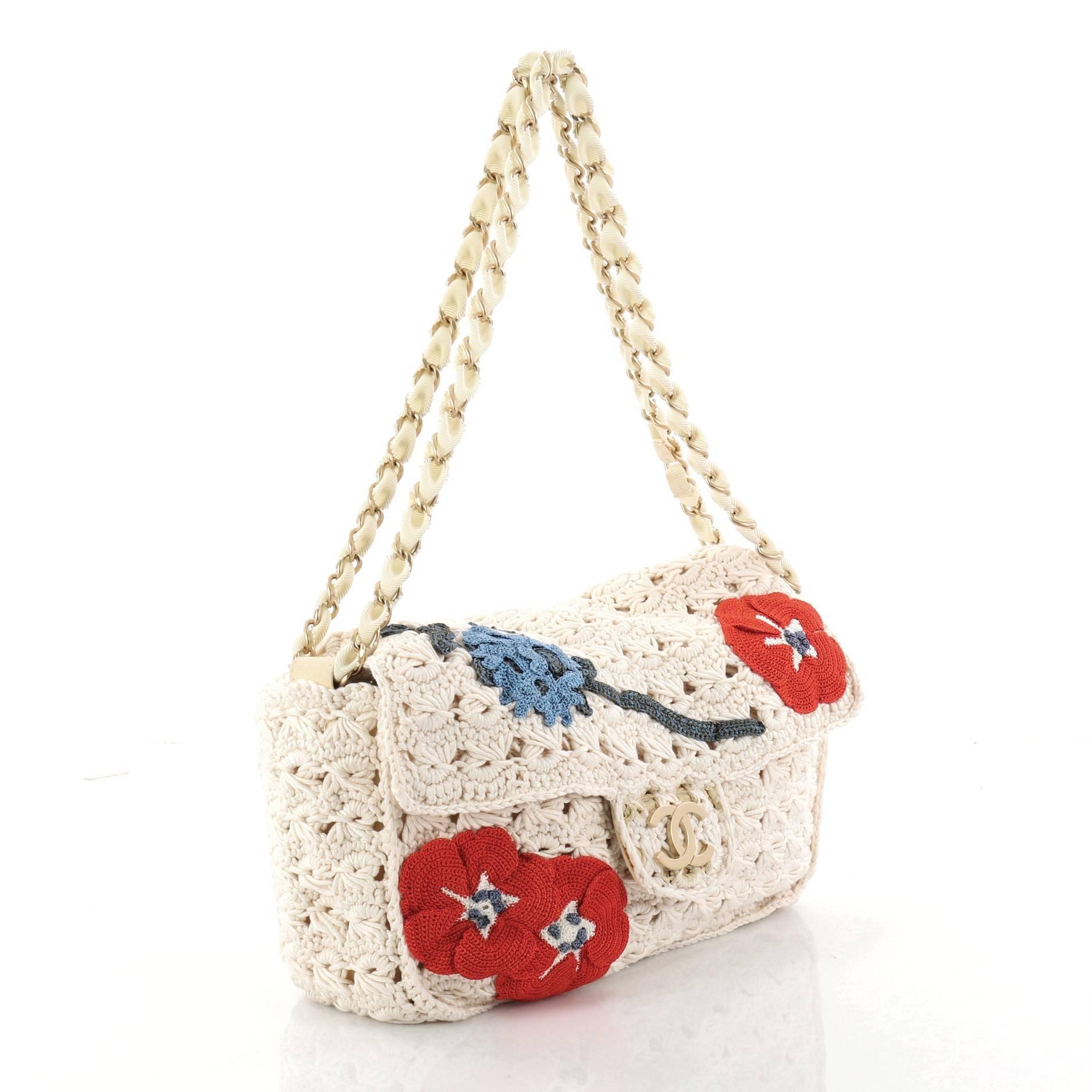 Chanel Camellia Crochet Flap Bag Fabric Small In Good Condition In NY, NY