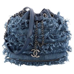Chanel Drawstring Charm Bucket Bag Fringe Denim
