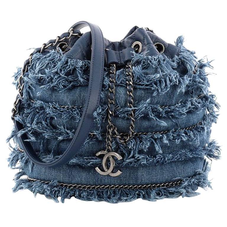 Chanel Drawstring Charm Bucket Bag Fringe Denim at 1stDibs