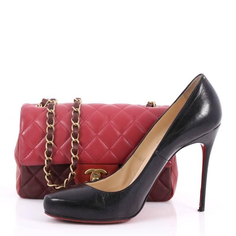 This authentic Chanel Tricolor Classic Single Flap Bag Quilted Lambskin Mini is timeless and chic bag embodying Chanel's classic design. Crafted from dark pink, red and burgundy quilted lambskin leather, this eye-catching flap bag features woven-in