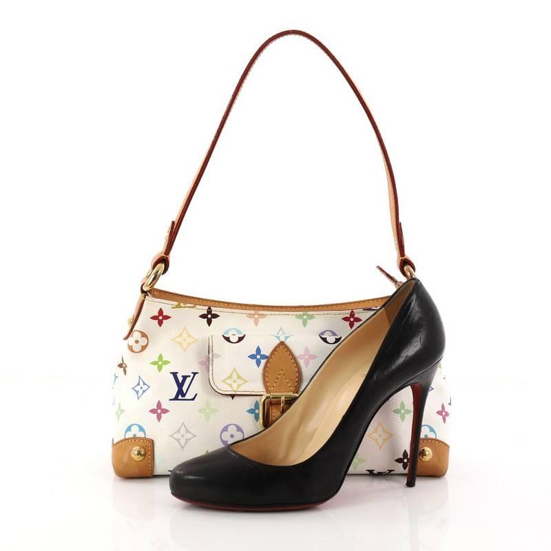 This authentic Louis Vuitton Eliza Handbag Monogram Multicolor is chic and feminine in design ideal for a sophisticated and casual look. Crafted in Japanese artist Takashi Murakami's white multicolor monogram coated canvas, this petite bag features