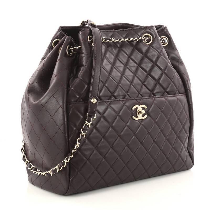 Chanel Drawstring CC Lock Quilted Lambskin Medium Bucket Bag  In Good Condition In NY, NY