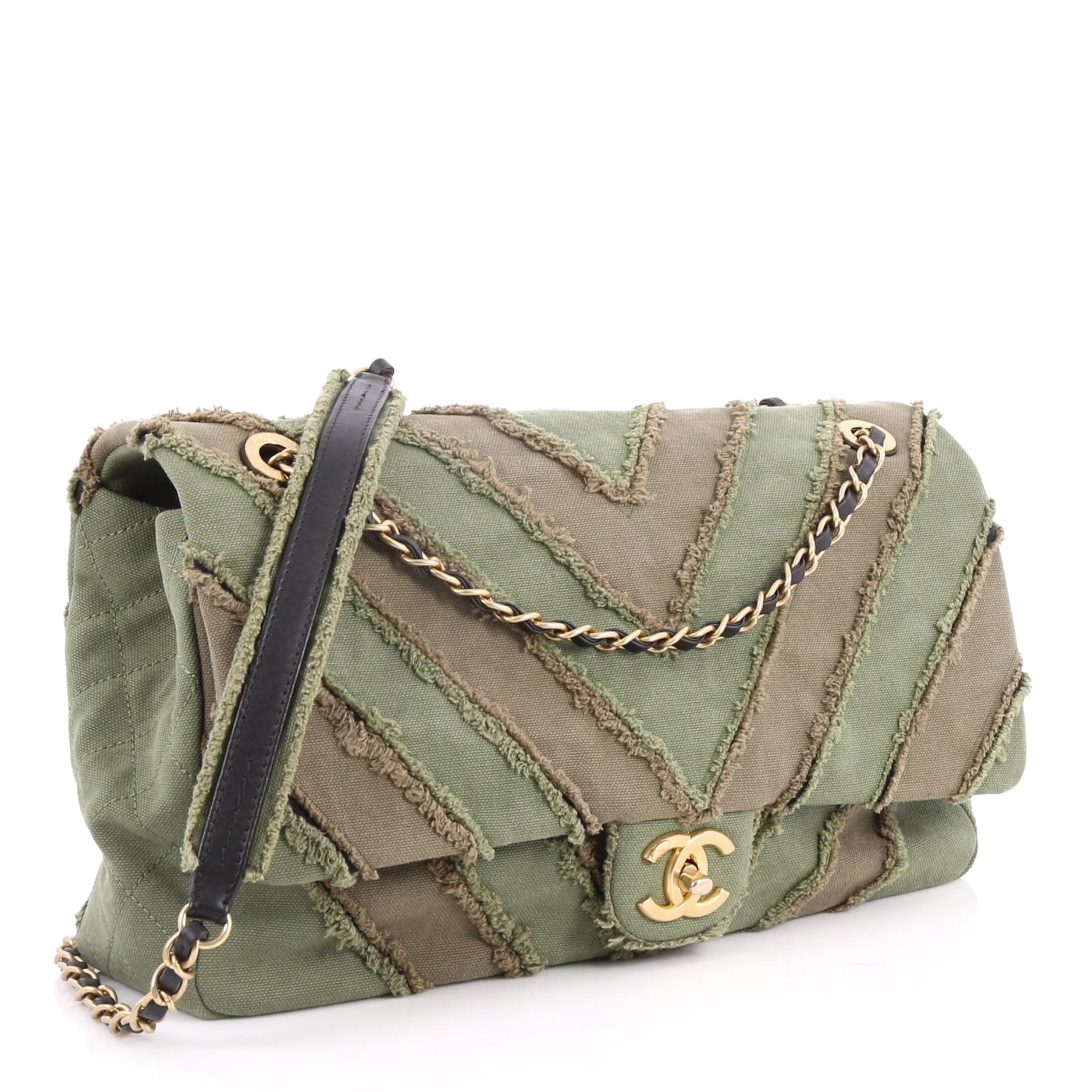 Chanel CC Flap Bag Chevron Canvas Patchwork Maxi In Excellent Condition In NY, NY