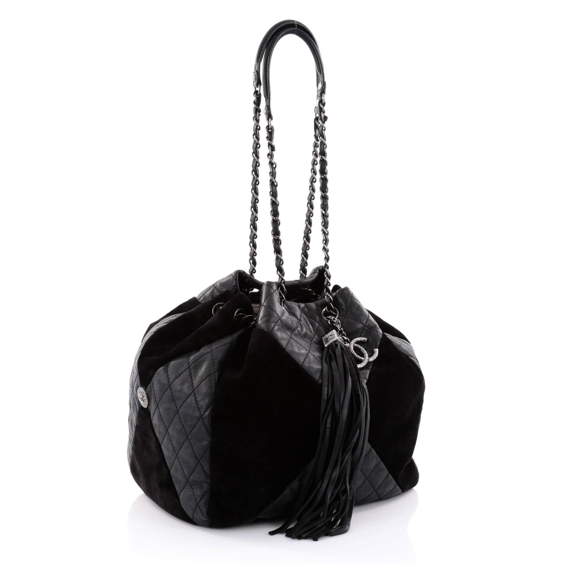 Chanel Patchwork Drawstring Bag Quilted Leather and Suede Large In Good Condition In NY, NY
